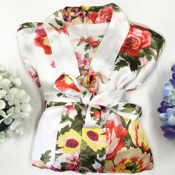 White - Floral Satin Kimono Robe